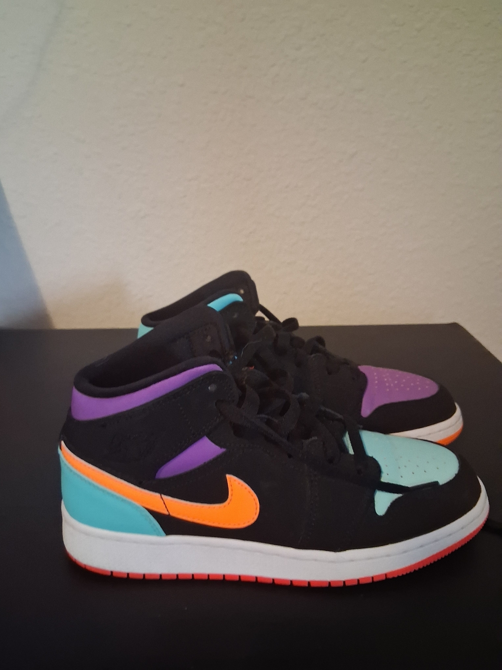 Nike Jordan 1 Kids' Mid-Top  Sneakers - Black with Orange, Teal & Purple Size 5Y